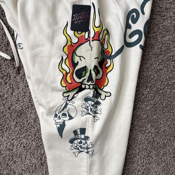 Ed Hardy Men's Size Large Ivory White Fleece Sweats Flaming Skull Hat NWT - Picture 8 of 8
